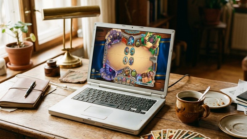 Vintage wooden desk with playing cards and laptop showing card graphics