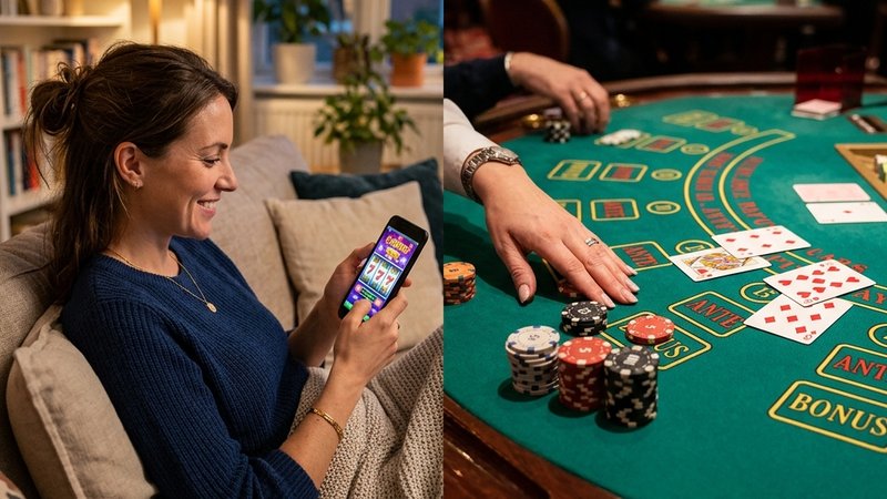 Split screen comparing playing a casual mobile phone game at home vs cards and chips at a casino table
